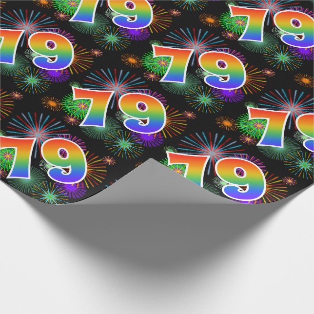 Colorful Fireworks + Rainbow Pattern "79" Event # Wrapping Paper (Corner)