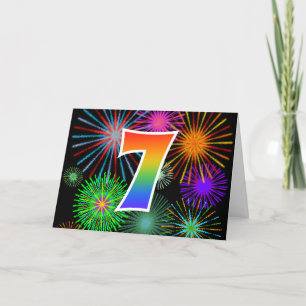 Colorful Fireworks + Rainbow Pattern "7" Event # Card