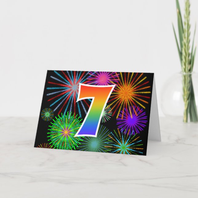 Colorful Fireworks + Rainbow Pattern "7" Event # Card (Front)