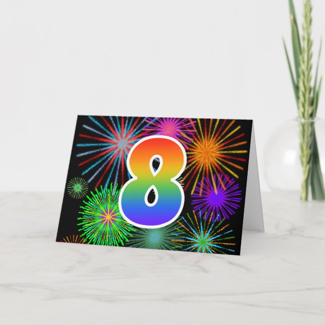 Colorful Fireworks + Rainbow Pattern "8" Event # Card (Front)