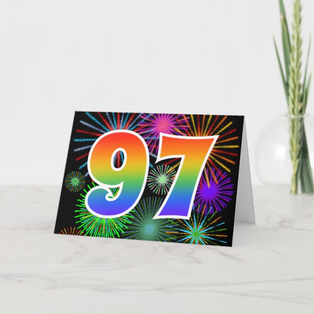 Colorful Fireworks + Rainbow Pattern "97" Event # Card (Front)