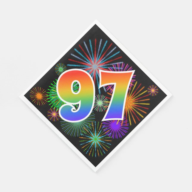 Colorful Fireworks + Rainbow Pattern "97" Event # Napkins (Corner)