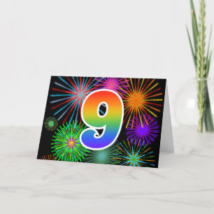 Colorful Fireworks + Rainbow Pattern "9" Event # Card