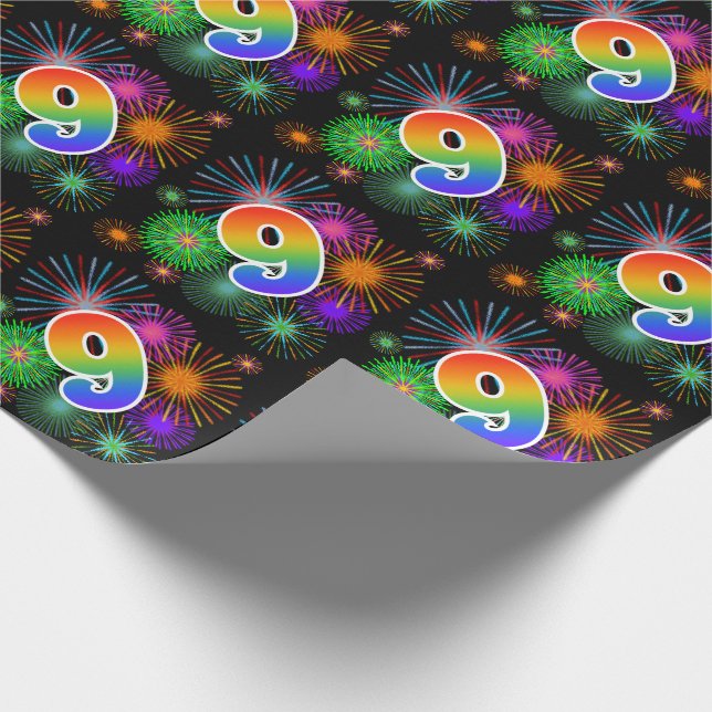Colorful Fireworks + Rainbow Pattern "9" Event # Wrapping Paper (Corner)
