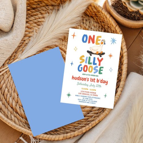 colorful First Birthday summer one silly goose  Invitation
