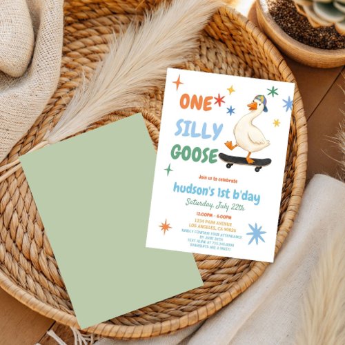 colorful First Birthday summer one silly goose  Invitation