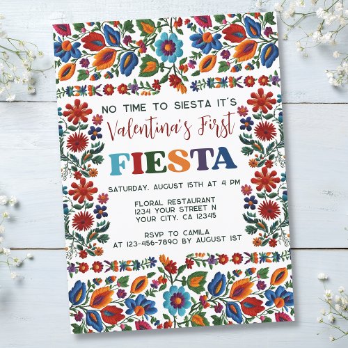Colorful First Fiesta 1st Birthday Folk Art Floral Invitation