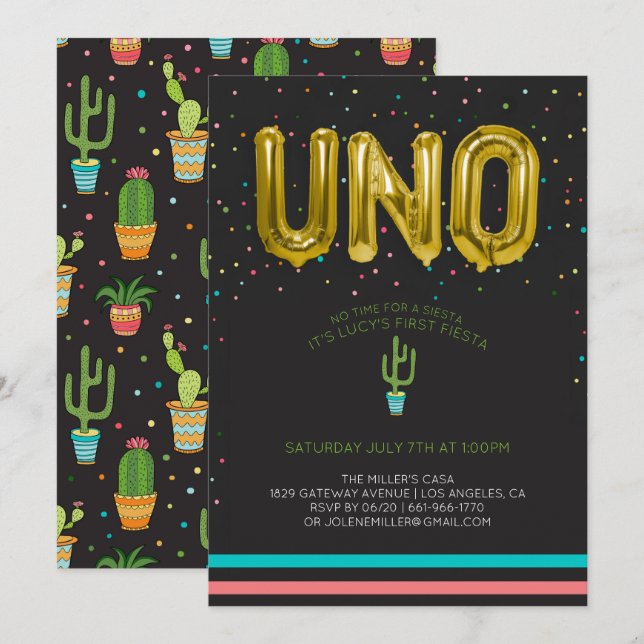 Colorful First Fiesta Birthday | UNO Balloons Invitation (Front/Back)