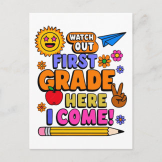 Colorful First Grade Back To School Vector Design Holiday Postcard