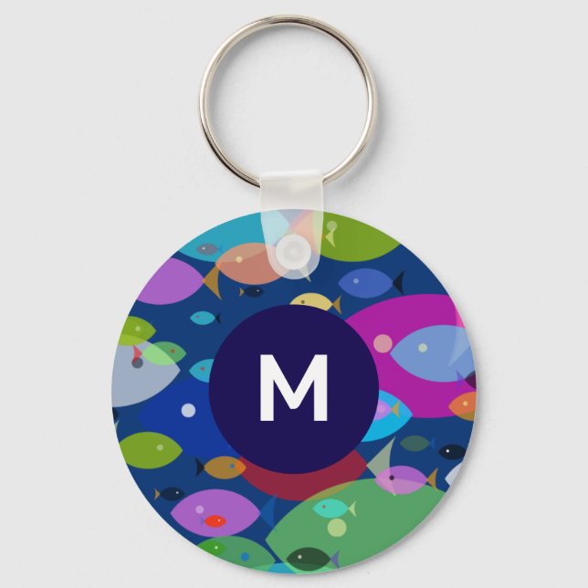 Colorful Fish Abstract Pattern Blue Monogram Keychain (Front)
