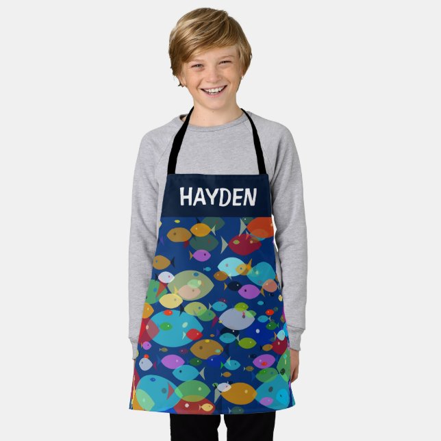 Colorful Fish Abstract Pattern Blue Personalised Apron (Worn)