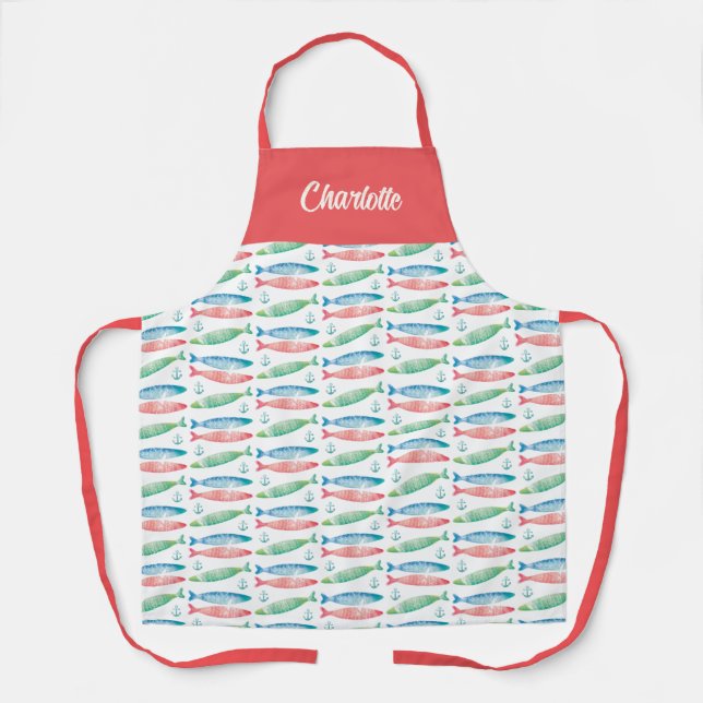 Colorful Fish Anchor Watercolor Name  Apron (Front)
