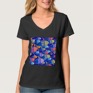 Colorful Fish Graphic Pattern Blue Aqua Orange Lav T-Shirt