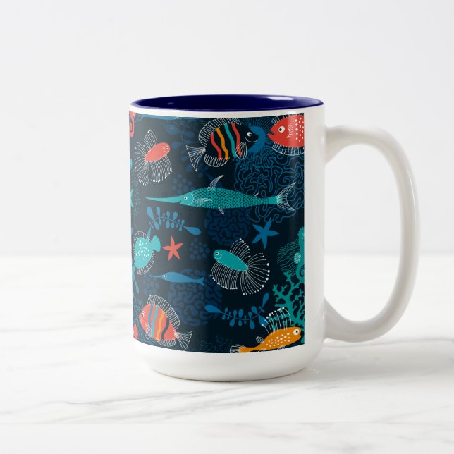Colorful Fish in Ocean Two-Tone Coffee Mug (Right)