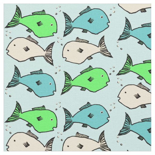 Colorful Fish Pattern on Light Blue Background Fabric