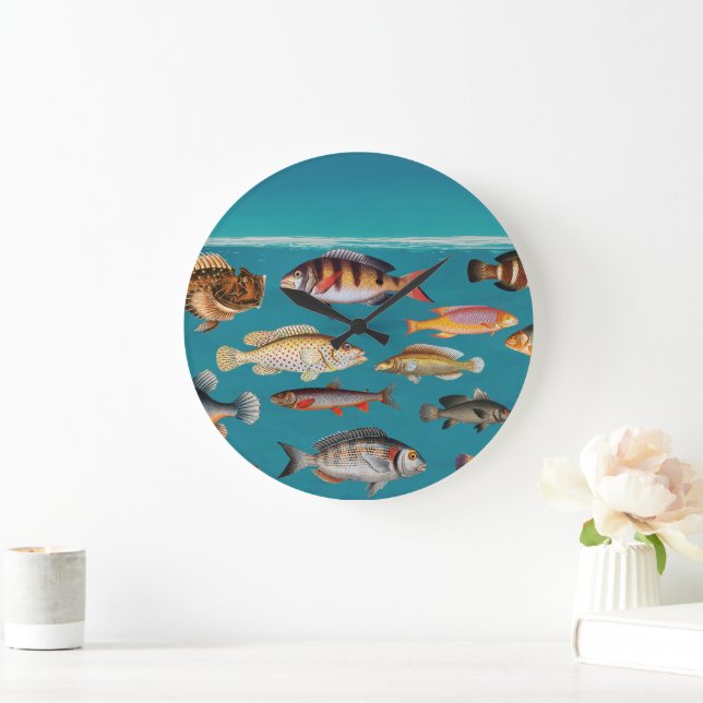 Colorful Fish Under Blue Ocean Water Large Clock (Home)