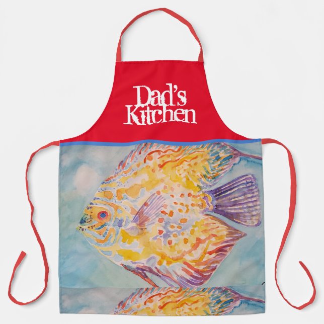 Colorful Fish Watercolor Blue Dads Kitchen Apron (Front)