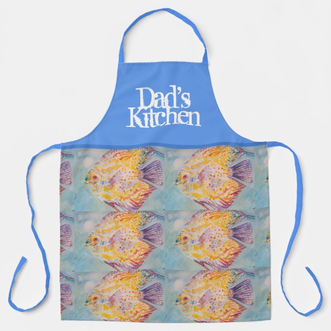 Colorful Fish Watercolor Blue Dads Kitchen Apron (Front)