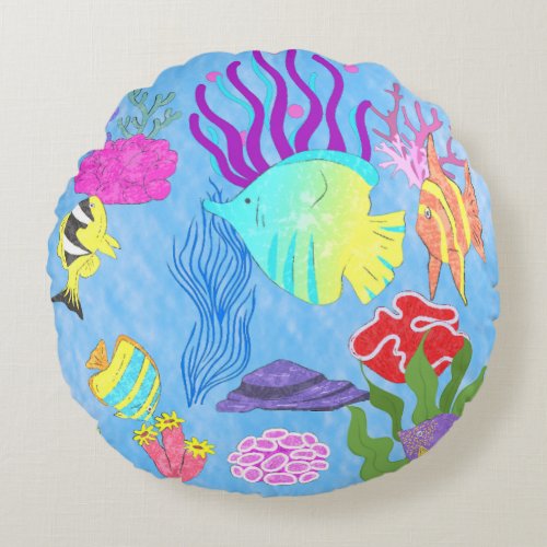 Colorful Fishes And Corals Round Pillow
