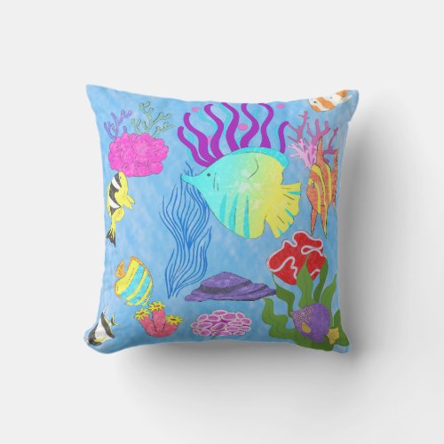 Colorful Fishes And Corals Throw Pillow