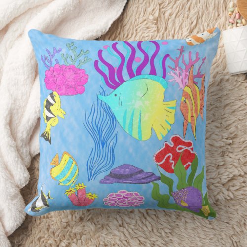 Colorful Fishes And Corals Throw Pillow