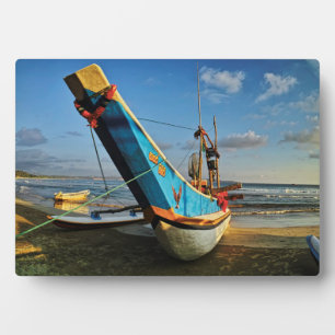 Colorful Fishing Boat By The Ocean Plaque