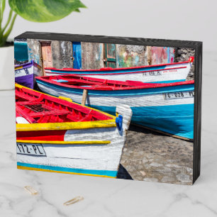 Colorful Fishing Boats, Cape Verde Wooden Box Sign