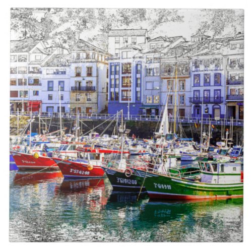 Colorful fishing boats in Luarca Asturias Spain Ceramic Tile