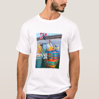 Colorful fishing buoy flags and crates in harbor T-Shirt