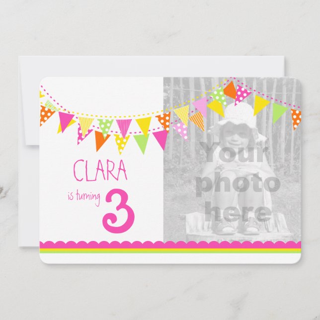 Colorful flags girls 3rd birthday party invite (Front)
