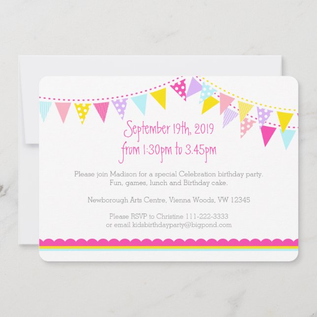 Colorful flags girls 4th birthday party invite (Back)