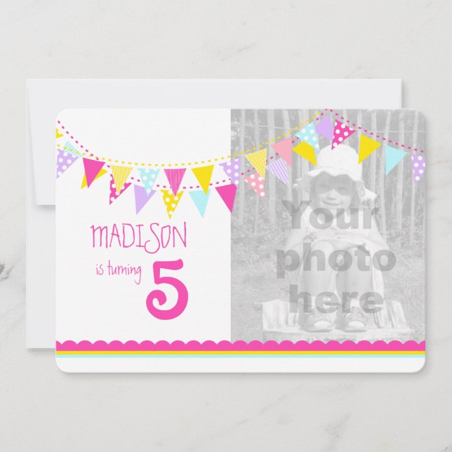 Colorful flags girls 5th birthday party invite (Front)