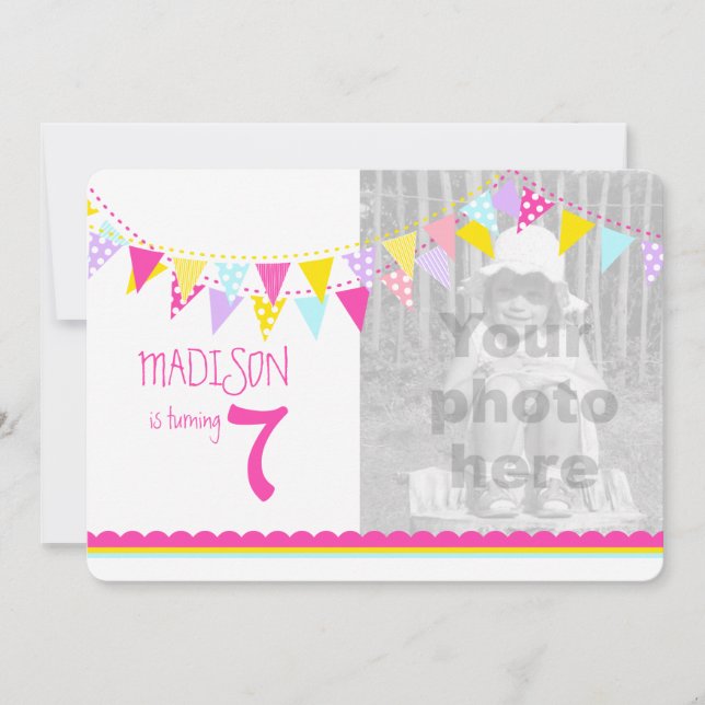 Colorful flags girls 7th birthday party invite (Front)