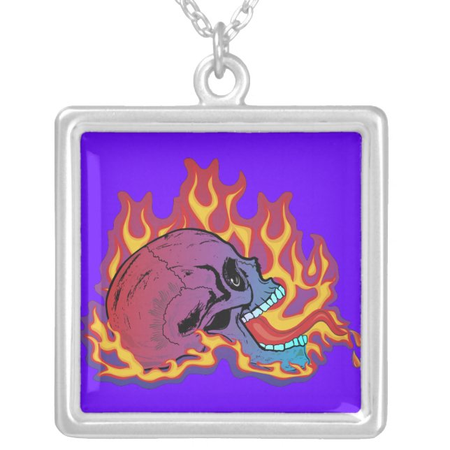 Colorful Flaming Skull Silver Plated Necklace (Front)