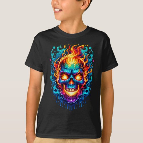 Colorful Flaming Skull with Menacing Grin T_Shirt