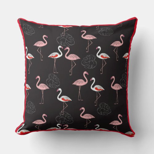 Colorful Flamingo Pattern on Black Background Throw Pillow