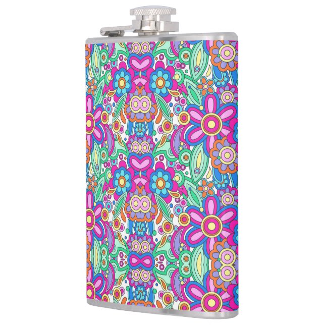 Colorful flask with vibrant, symmetrical floral  (Left)