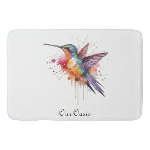 Colorful Flight, watercolor hummingbird custom Bath Mat