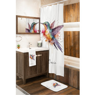 Colorful Flight, watercolor hummingbird custom Bath Towel