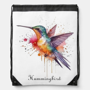 Colorful Flight, watercolor hummingbird custom Drawstring Bag