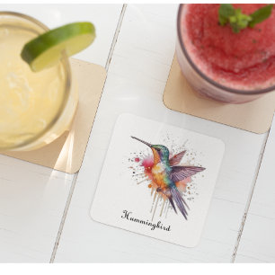 Colorful Flight, watercolor hummingbird custom Glass Coaster
