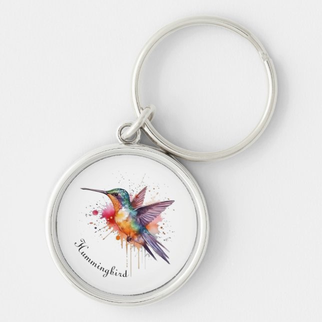 Colorful Flight, watercolor hummingbird custom Keychain (Front)