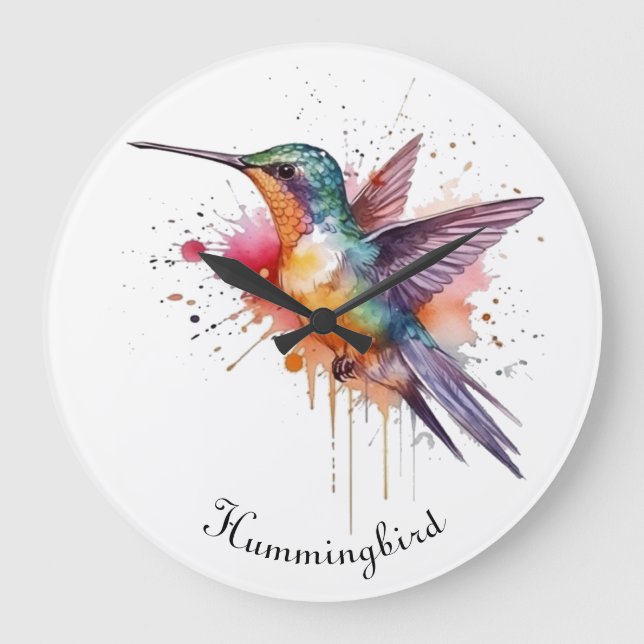 Colorful Flight, watercolor hummingbird custom Large Clock (Front)