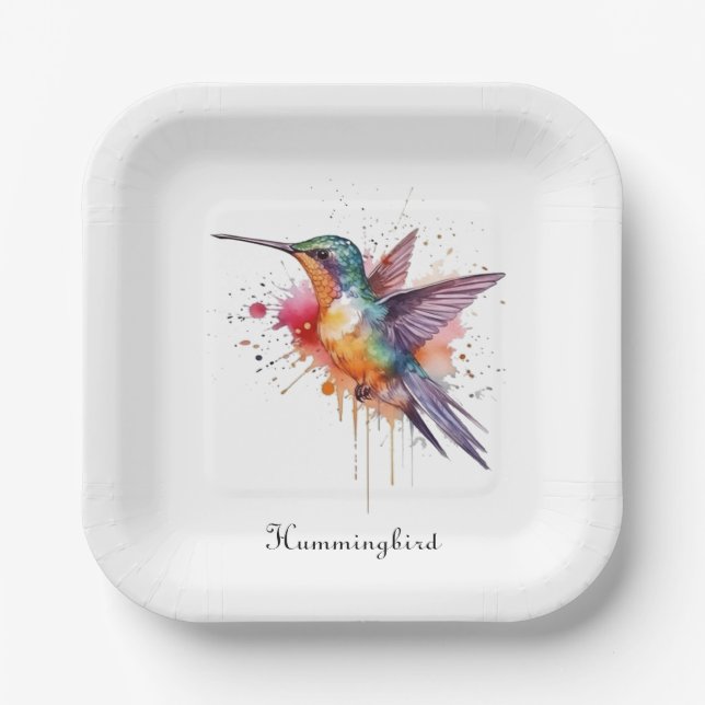 Colorful Flight, watercolor hummingbird custom Paper Plates (Front)