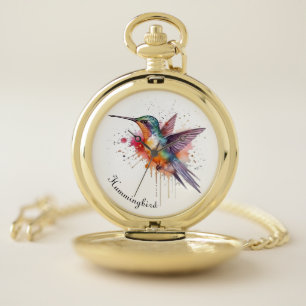 Colorful Flight, watercolor hummingbird custom Pocket Watch