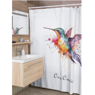 Colorful Flight, watercolor hummingbird custom Shower Curtain