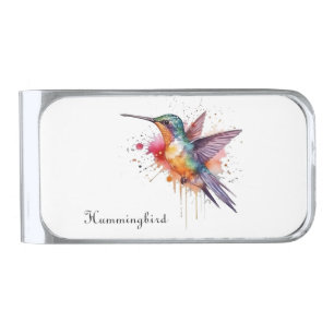 Colorful Flight, watercolor hummingbird custom Silver Finish Money Clip
