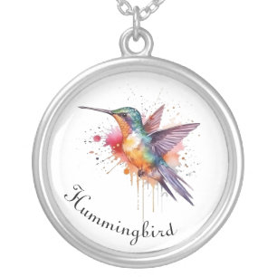 Colorful Flight, watercolor hummingbird custom Silver Plated Necklace