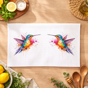 Colorful Flight, watercolor hummingbird  Kitchen Towel