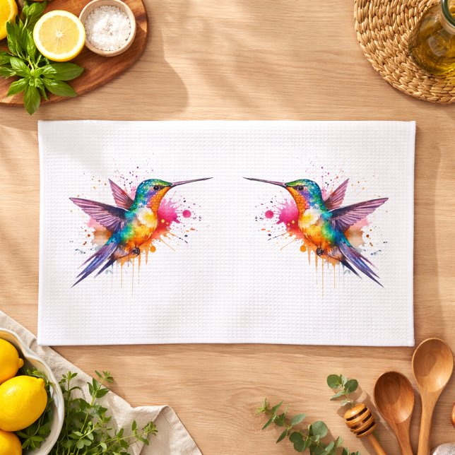 Colorful Flight, watercolor hummingbird  Kitchen Towel (Creator Uploaded)